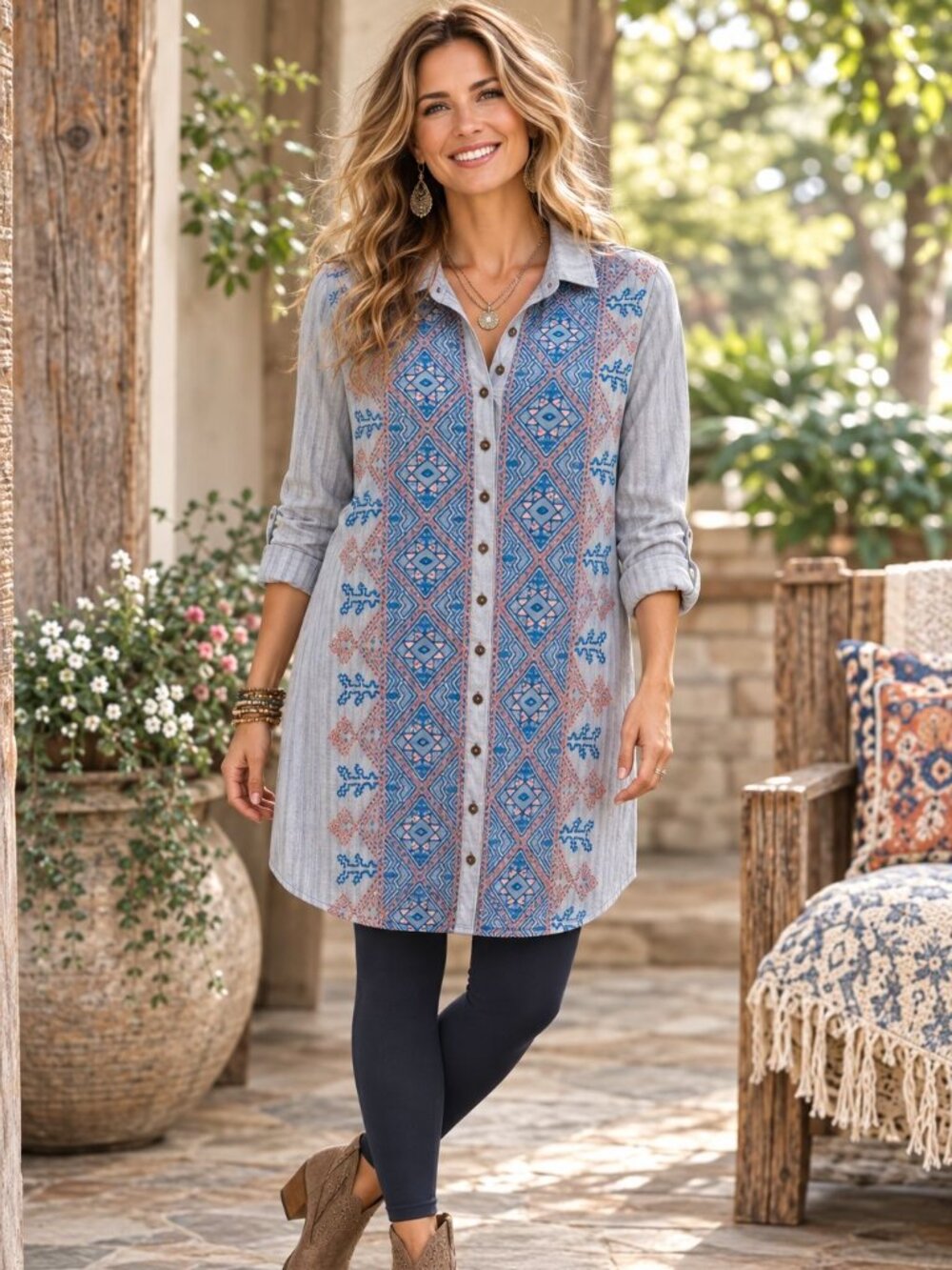 Aratta Silent Journey Embroidered Button Shirt - Dress - Tunic